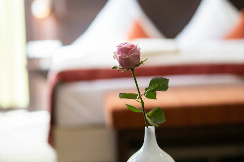 Detailansicht Rose als Tischschmuck im Doppelzimmer "Lichtflügel A Straßenseite" im DIEDRICH Wellnesshotel & SPA