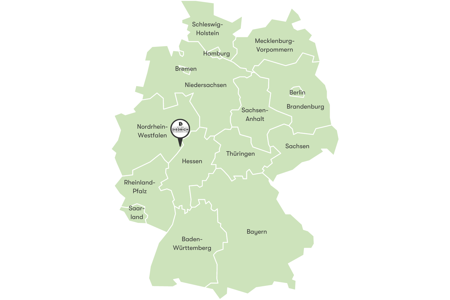 Germany map with all federal states and the location of Hotel Diedrich