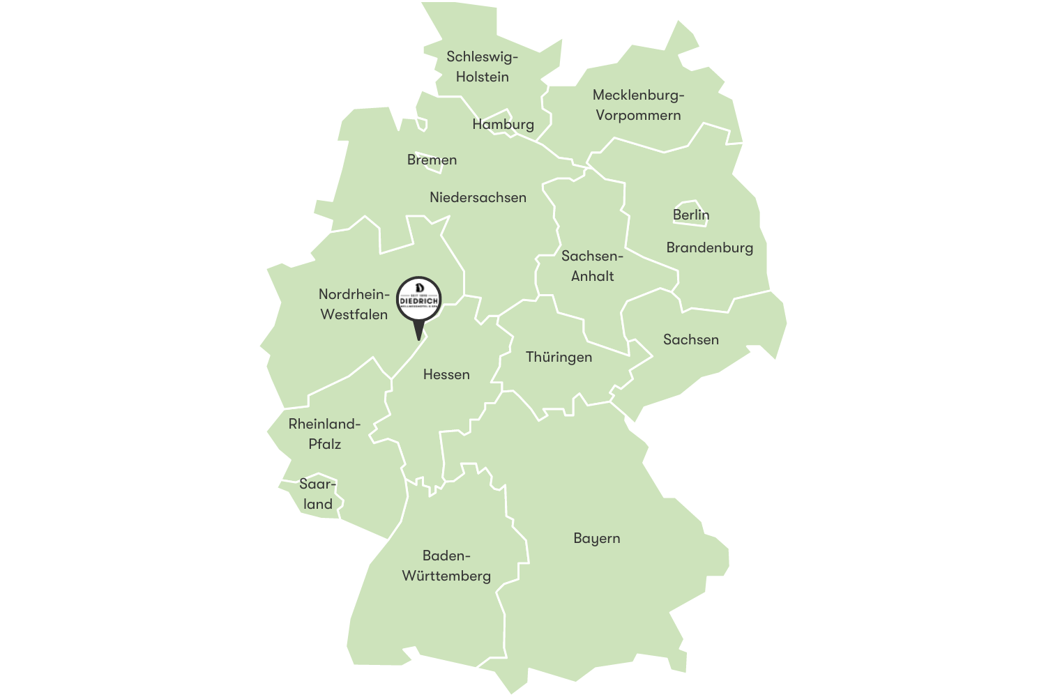 Map of Germany with all federal states and the location of Hotel Diedrich